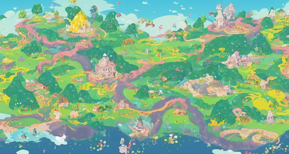 Image similar to a map of a fantasy land, a storybook illustration, featured on behance, magical beautiful landscape, 2 d game art by chiho aoshima