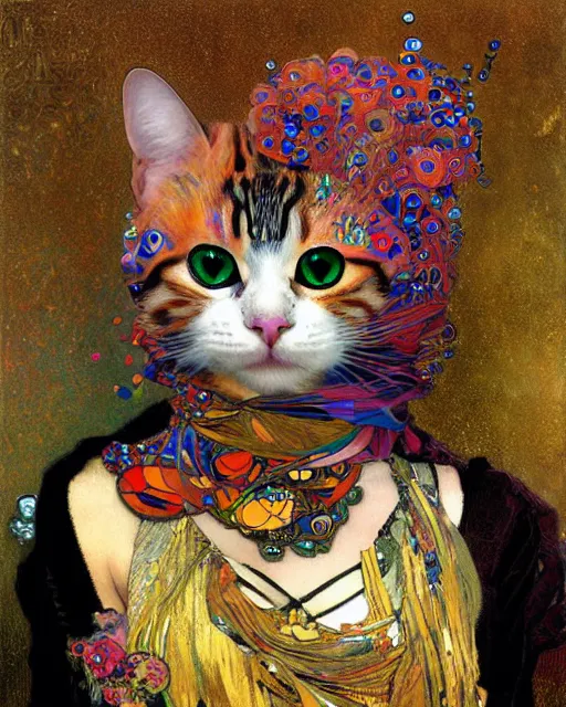 Prompt: punk cat portrait an oil painting splashes with many colors and shapes by gustav klimt greg rutkowski and alphonse mucha, polycount, generative art, psychedelic, fractalism, glitch art