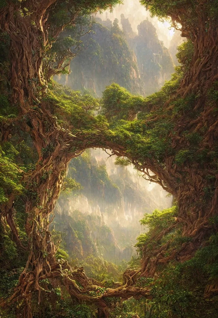 Image similar to beautiful hyper realistic detailed matte painting of fantasy tree of life in garden of eden, hd, hdr, by Moebius and John Howe and Albert Bierstadt and Alena Aenami, ultra detailed, high resolution