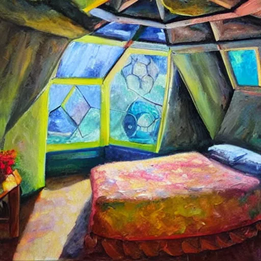 Image similar to interior of cozy queer geodesic dome bedroom with flowers, iridescent windows, expressive oil painting