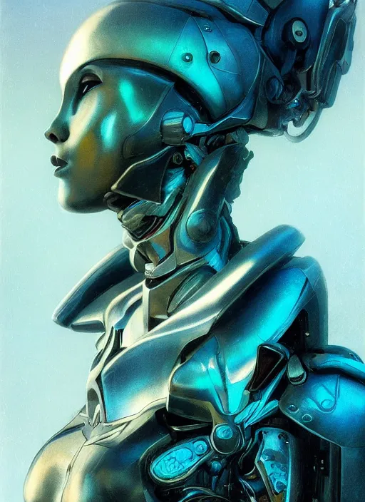 Image similar to ( ( symmetry ) ) closeup portrait of a stunning armored cyborg girl ( ( ( crying in tears ) ) ), ( bird in hands ), strong cinematic light, backlit, teal orange, viscous volumetric smoke, mist, by gerald brom, by mikhail vrubel, by peter elson, muted colors, extreme detail, trending on artstation, 8 k