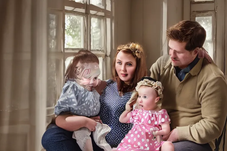 Image similar to charming and chubby parents and their baby girl, wearing a polka dot cloths and a victorian - style hairdo, sits in the large and bright studio. sunlight enters through the barred window. very realistic shiny skin. subsurface scattering shiny skin. beautiful lighting, 4 k post - processing, highly detailed, 5 k extremely detailed, 3 d. cinematic scene.
