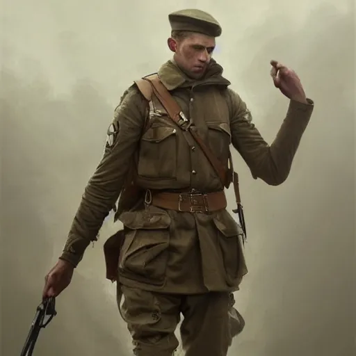 Image similar to a dramatic epic ethereal portrait of a German WWII soldier, full body with dynamic pose, male, detailed face, cinematic lighting, highly detailed oil on canvas painting by Greg Rutkowski, winning-award digital art trending on Artstation H 1024 W 832