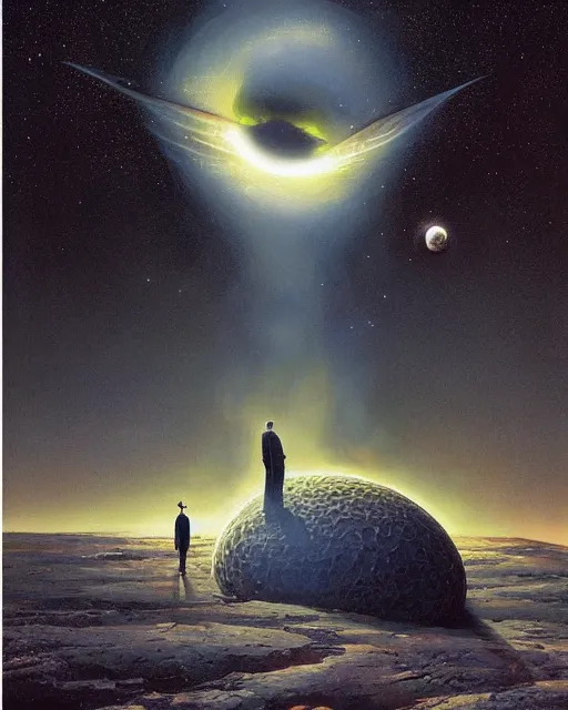 Prompt: a painting of a man standing in front of a giant alien, poster art peter elson and tim white and h. r. van dongen, cgsociety, space art, lovecraftian, cosmic horror, poster art
