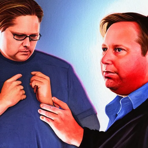 Prompt: Tim Heidecker with a halo standing behind a depressed Alex Jones while laying a comforting hand on his shoulder. Religious painting, trending on artstation.