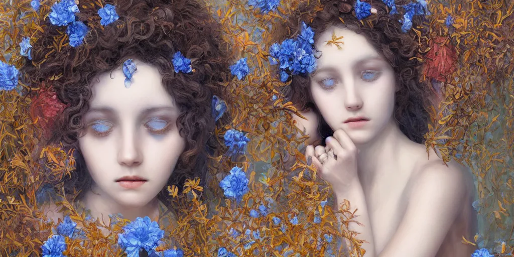 Prompt: breathtaking detailed concept art painting portrait of the hugs goddess of blue flowers, carroty curly hair, orthodox saint, with anxious piercing eyes, ornate background, amalgamation of leaves and flowers, by hsiao - ron cheng, extremely moody lighting, 8 k