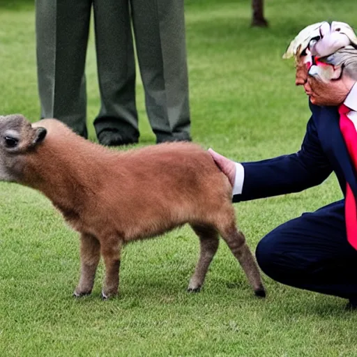 Image similar to donald trump and vladimir putin at animal farm petting animals