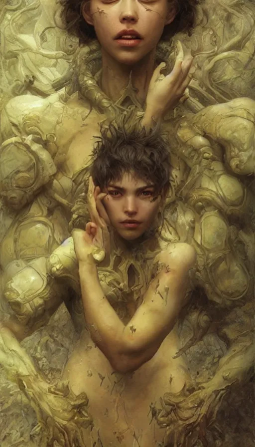 Image similar to epic masterpiece torment, drama, sweaty skin, hyperrealistic, octane render, cinematic, beautiful face and flawless skin, perfect hands, 5 fingers, yellow by Edgar Maxence and Ross Tran and Michael Whelan, Legends of Runeterra