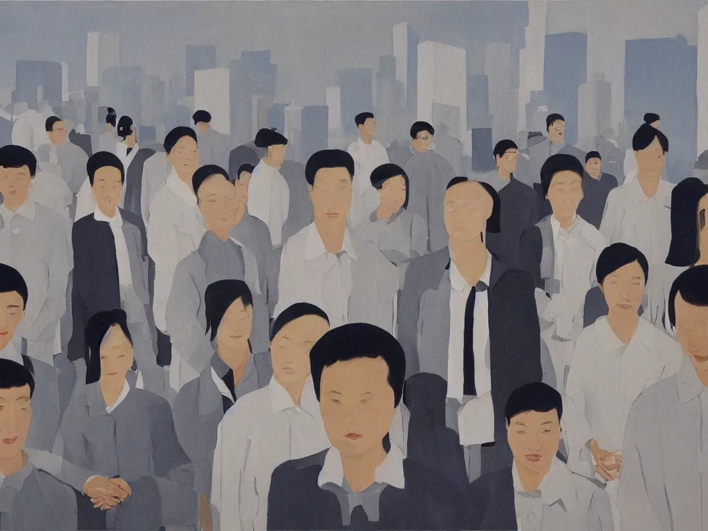 Image similar to ‘The Center of the World’ (painting by Alex Katz) was filmed in Beijing in April 2013 depicting a white collar office worker. A man in his early thirties – the first single-child-generation in China. Representing a new image of an idealized urban successful booming China.