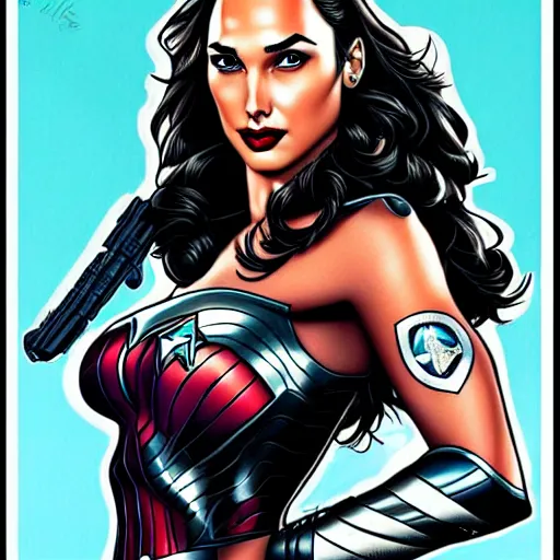 Prompt: Gal Gadot soldier pin up, extremely detailed, neo traditional tattoo art, full body, symmetrical face, symmetrical eyes, bright colors, full body pose