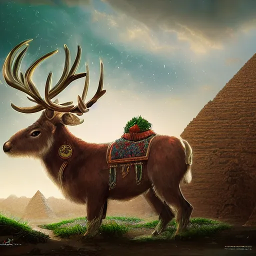 Image similar to A small reindeer king sitting on a green throne in Egypt, highly detailed portrait, scifi, digital painting, artstation, concept art, smooth, sharp foccus ilustration, Artstation HQ