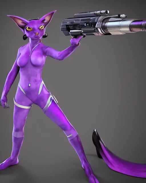 Prompt: gorgeous catgirl alien with horns instead of ears holding a laser rifle, futuristic, sci-fi purple fur, photorealistic CGI