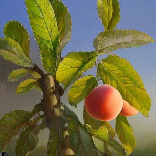 Image similar to a beautiful painting by banska stiavnica of translucent peach, backlit leaves by greg rutkowski and james gurney, beautiful fruit tree, wood