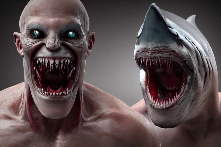 Image similar to A human with shark head made of muscles and flesh, very angry, teeth, ambient light, terror, glows, realistic, photo-realism, hyper realism, picture, detailed, 3D render, scary, distant shot, in the distance,