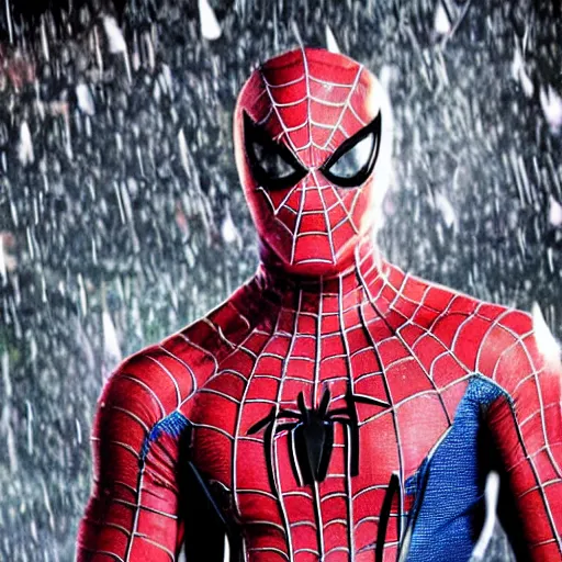 Prompt: jason statham as unmask spiderman, rain background, an film still