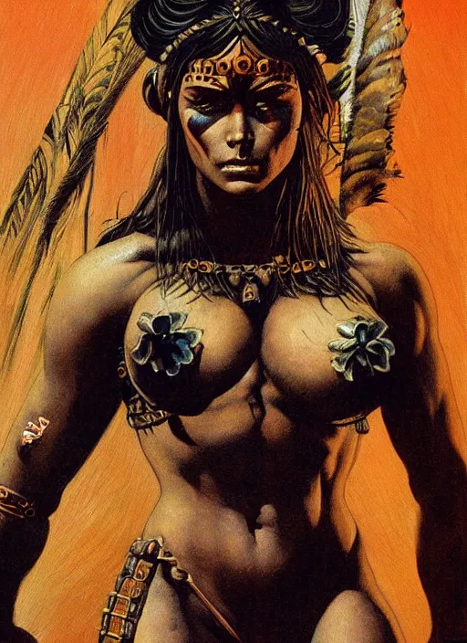 Image similar to a highly detailed symmetrical painting of a female amazon warrior with piercing beautiful eyes in dark tomb setting, dynamic lighting, ambient lighting, deviantart, art by frank frazetta and glenn fabry