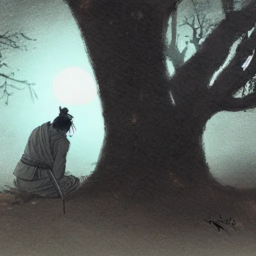 Image similar to a samurai sitting under a tree, back lighting, dramatic scene, detailed, night time, full moon, in the style of greg rutkowski