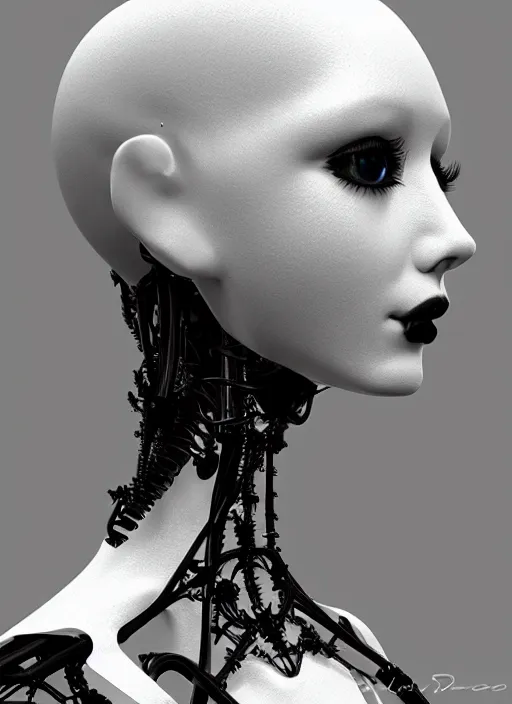 Image similar to black and white dreamy profile face portrait, biomechanical beautiful angelic young female cyborg - robot - doll bust, body ribs meshes, volumetric light, hibiscus flowers, rim light, big gothic fashion pearl embroidered collar, 1 9 3 0, 8 k