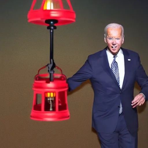 Prompt: horror Joe Biden carrying a lantern in a dark coat red eyes dark horror