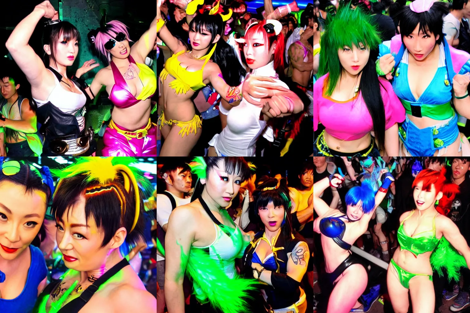 Prompt: Chun Li and Blanka at a rave in Shibuya