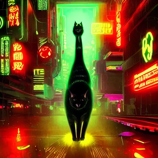 Image similar to a detailed matte painting of a neon cat under a black light with red led eyes, a beam of light shining upon the cat, levitation, the cat is in a intricately detailed neo neon cyberpunk Japanese city, the angel of death with a halo, colorful background not limited to children, by Ismail Inceoglu , concept art, featured on cgsociety