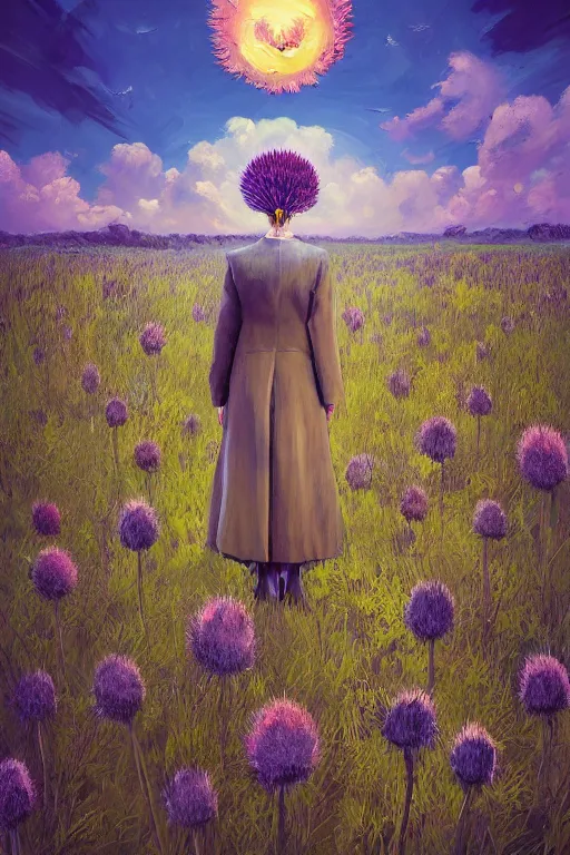 Image similar to portrait, huge thistle flower under head, a girl in a suit in field of flowers, surreal photography, sunrise, blue sky, dramatic light, impressionist painting, digital painting, artstation, simon stalenhag