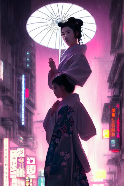 Prompt: portait of a beautiful young cyberpunk geisha half body in a kimono and with an white umbrella in cyberpunk city with neon lights, ambient lights, rainy day, digital painting, art station, by greg rutkowski