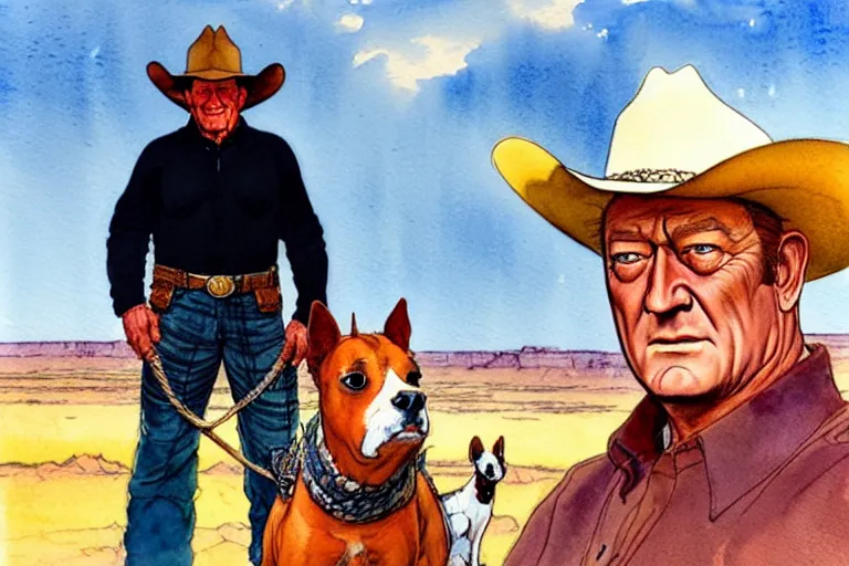 Image similar to a hyperrealist watercolour character concept art portrait of john wayne and a small white dog. there is a horse. arizona desert. there is a villain in the background. by rebecca guay, michael kaluta, charles vess and jean moebius giraud