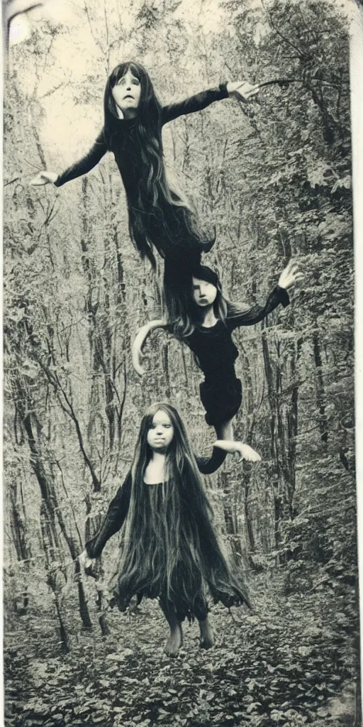 Image similar to old polaroid photo of a young witch girl floating in the air with her arms outstretched in a forest, long hair hanging down. dark and spooky, muted colours, flash photography, young face