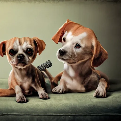 Image similar to closeup portrait of little dogs with rifles retro living room of dog family, depth of field, zeiss lens, detailed, centered, fashion photoshoot, by nicoletta ceccoli, mark ryden, lostfish, breathtaking, 8 k resolution, extremely detailed, beautiful, establishing shot, artistic, hyperrealistic, octane render,