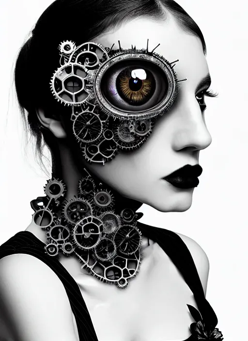 Image similar to black and white gothic masterpiece profile face portrait, one steampunk eye silver hexagonal meshes floral biomechanical beautiful young female cyborg - vampire, big monocular, volumetric light, hibiscus flowers, by hg giger, rim light, big gothic fashion pearl embroidered collar, 8 k