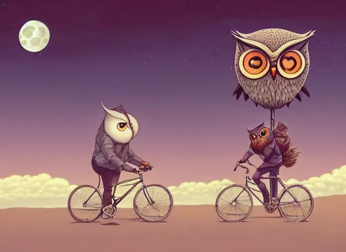 Image similar to a cell shaded cartoon owl riding a bicycle, with a big head, on a desert road, wide shot, in front of a big moon, muted colors, post grunge, josan gonzales, wlop, by james jean, victor ngai, hq, deviantart, art by artgerm