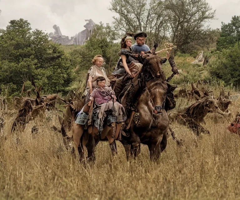 Prompt: 70mm still from a sci fi blockbuster movie made in 2022, set in 1860, of a family riding on the back of alien creatures, on an alien planet, across the alien landscape that is full of strange wild alien plants and flowers, family are wearing 1850s era clothes, good lighting, 8k, in focus faces, good quality photography