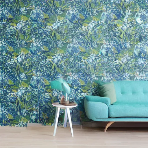 Image similar to interior of a living room, floral wallpaper texture, blue, green, pink, photorealist, 4 k