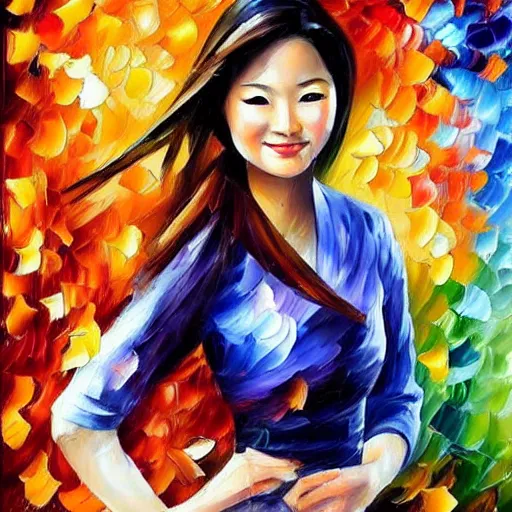 Prompt: a leonid afremov oil painting of a beautiful asian girl