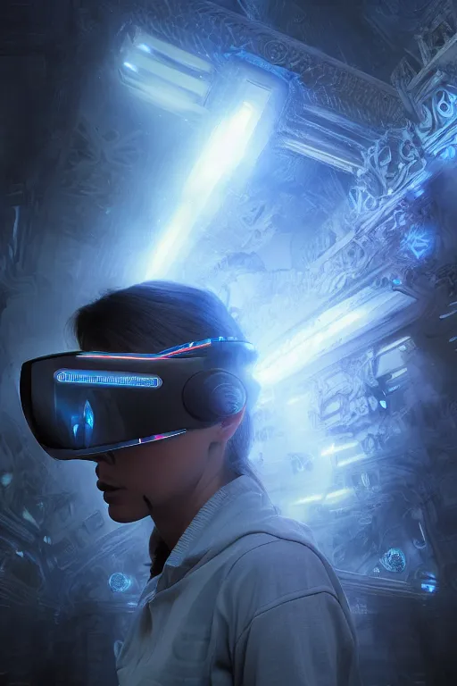 Image similar to cinematic shot epic fractal halls of creativity, walls of large moving images, hyper realistic, mood lighting, fantasy, detailed people creating beautiful diverse large holographic art, highly detailed, super realistic, point of view of visor wearer, air hands painting art in the air!, perfect lighting pixel sorting