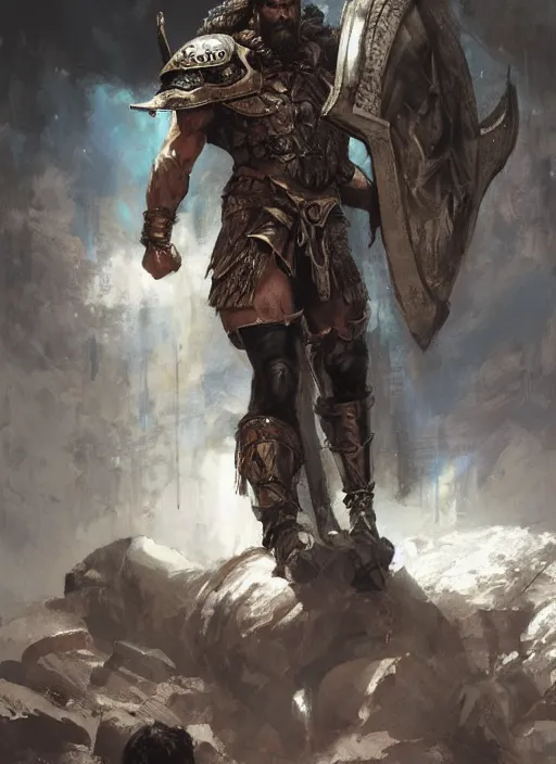 Image similar to ancient historically accurate depiction of the Bible Character Goliath of Gath, the Philistine warrior giant in ancient persian chainmail armor, dramatic lighting art by Yoji Shinkawa by Richard Schmid by greg rutkowski by Sandra Chevrier by Jeremy Lipking cinematic dramatic