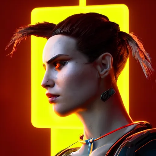 Prompt: headshot of female V from cyberpunk 2077 wearing thick steel choker around neck, 4K, detailed face, collar on neck, realistic, artstation, neon,