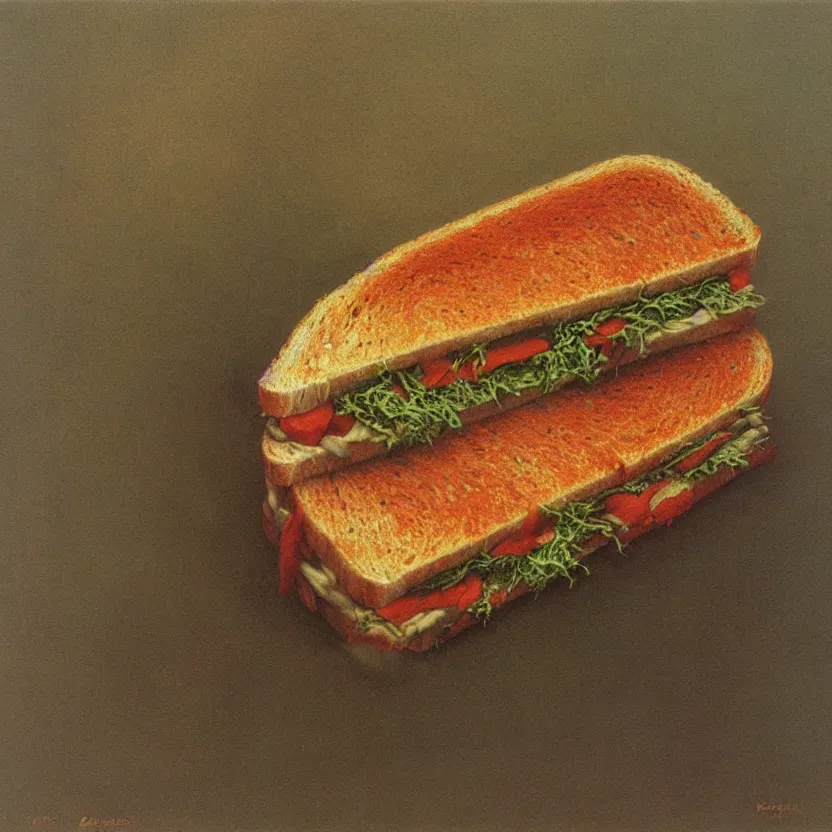 Prompt: a sandwich, painted by zdzisław beksinski