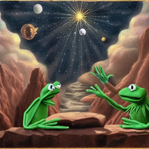 Image similar to the creation of adam but with kermit the frog and jim henson instead, muppets, in an absurdist style, heavenly, cosmic, god rays, intricate detail, 8 k,