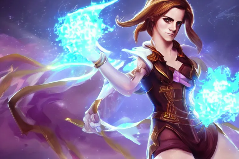 Image similar to Emma Watson in League of Legends as champion. Digital Art. Legendary Skin.