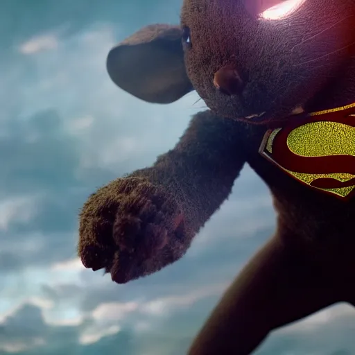 Image similar to full body pose, hyperrealistic photography of superhero mouse, dim volumetric lighting, 8 k, octane beautifully detailed render, extremely hyper detailed, intricate, epic composition, cinematic lighting, masterpiece, trending on artstation, very very detailed, masterpiece, stunning, hdr, smooth, sharp focus, high resolution, award, winning photo, dslr, 5 0 mm