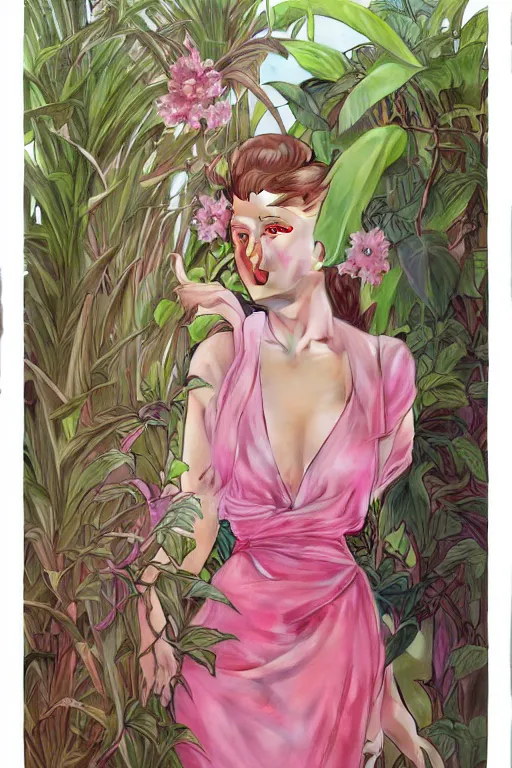 Image similar to ultra realistic illustration, transparant dress, banana plants drawing, pink background, elegant, highly detailed, digital painting, concept art, smooth, sharp focus, illustration, art by artgerm and greg rutkowski and alphonse mucha