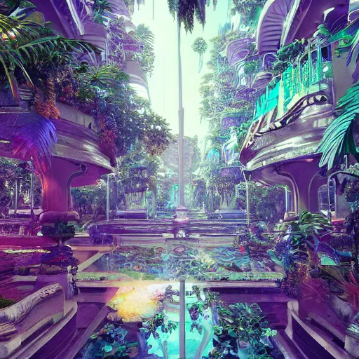 Image similar to vaporwave jungle city, digital art, cosmic, 3 d high definition, trending on art station, photorealistic, high resolution, v 8 k, octane, hyper detailed, insane details, intricate, elite, ornate, elegant trend, highly detailed and intricate, sharp focus, photography, unreal engine