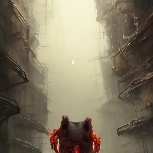 Image similar to concept art by greg rutkowski, dog - shaped monster made of twisted flesh and reddish ooze, roaming the colony, looking rabid, in a claustrophobic, futuristic and brutalist environment, frightening and creepy atmosphere, scifi, highly detailed portrait, digital painting, artstation, concept art, smooth, sharp foccus ilustration, artstation hq