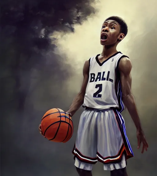 Prompt: portrait of a boy at a basketball court holding a basketball wearing a basketball uniform in a basketball court standing near the basketball hoop, poised, intense emotion, detailed facial expression, detailed surroundings, intricate, elegant, highly detailed, centered, digital painting, artstation, concept art, smooth, sharp focus, illustration, by Peter Mohrbacher, WLOP