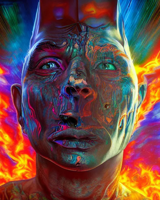 Prompt: portrait ultra dimensional batman entity, accidentally tripping on dmt and acid, psychedelic experience, overwhelming psychosis of self realization and burning awakening, ultra high definition, unreal engine 5, hyperrealism, masterpiece composition, by casey weldon, barclay shaw 8 k photorealistic