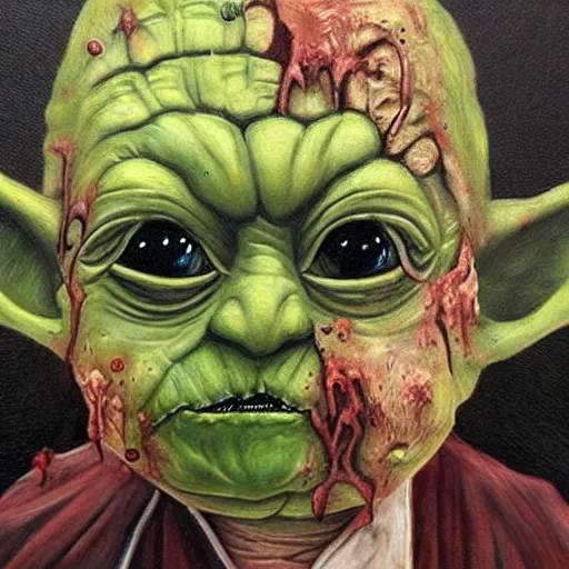 Prompt: zombie yoda, yoda as a zombie, hieronymus bosch, zombified, scary, oil painting