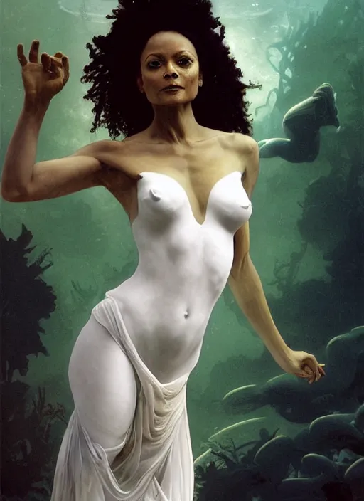 Image similar to dramatic upper body portrait of Thandie Newton as a dark-skinned la sirene Haitian mermaid goddess by Ruan Jia and Mandy Jurgens and Artgerm and william-adolphe bouguereau, underwater, white sheer fabric, white lilies, shells, mirrors, marvel comics, intricate, highly detailed, smooth, artstation, digital illustration by julie bell and Ruan Jia and Mandy Jurgens and Artgerm and William Adolphe Bouguereau and John Collier and Greg Rutkowski and Frank Frazetta