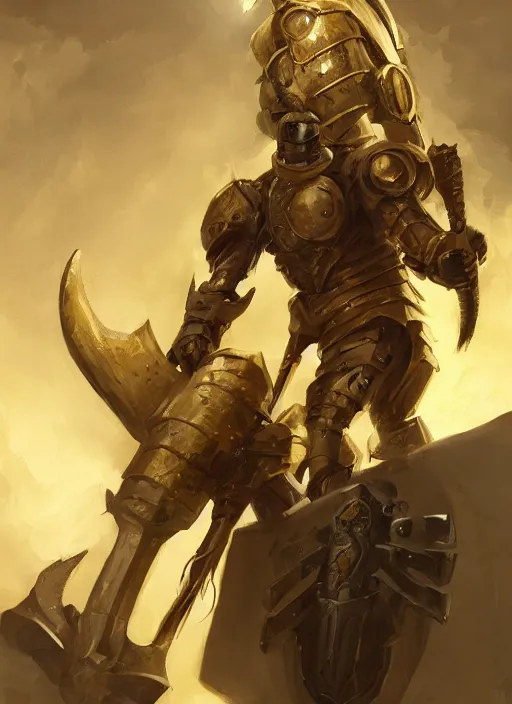 Image similar to dynamic portrait of a cyclopean warforged character in yellow armor holding a paladin engraved longsword and carrying a big shield, epic , trending on ArtStation, cinematic lighting, by Greg Rutkowski and Jesper Ejsing